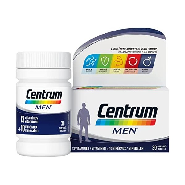 Centrum Men Multi Vitamines et Minéraux, 13 Vitamines et 10 Minéraux, Complément Alimentaire, Pour Homme, 30 comprimés