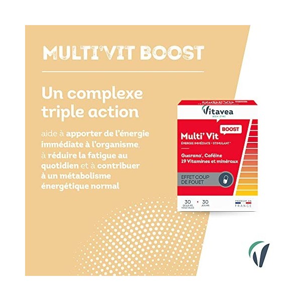 Vitavea - MultiVit BOOST - Complément Alimentaire Energie - Stimulant, Effet coup de fouet - Caféine, Guarana, Vitamine C, M