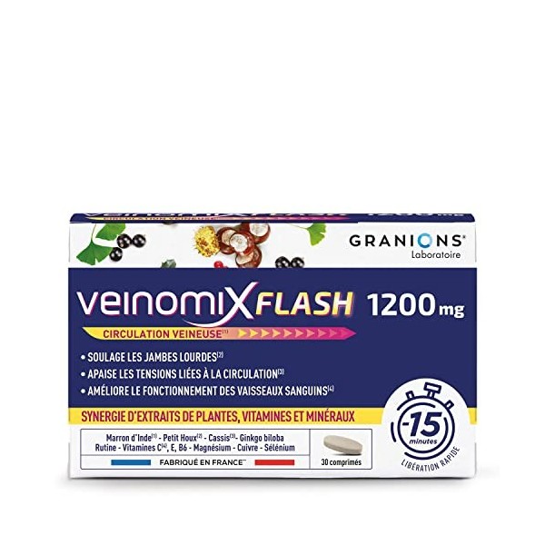 GRANIONS Veinomix Flash 1200 mg : circulation veineuse, jambes lourdes, hémorroïdes - Plantes marronnier dinde, petit houx 