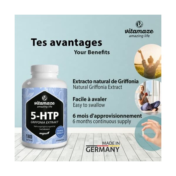 Griffonia 5 HTP 667 mg pour 6 Mois - Capsules DExtrait de Graines de Griffonia - Calme et Repos -180 Gélules Vegan - Ingrédi