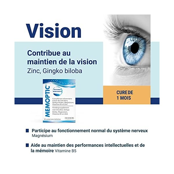 Densmore - MEMOPTIC Complément Alimentaire Mémoire et Vision à base de Citicoline - Ginkgo biloba Magnésium Vitamine B5 Zinc 