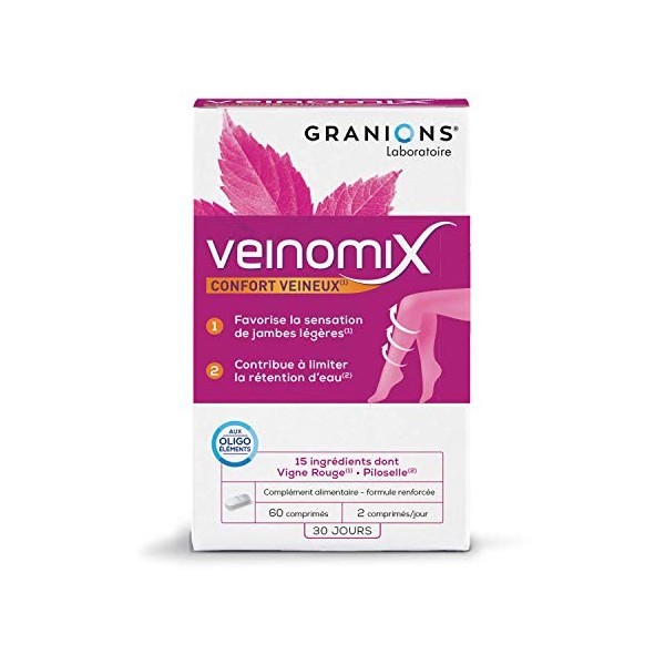 GRANIONS| Veinomix | Favorise la sensation de jambes légères et limite la rétention deau | Vigne Rouge + Piloselle + Vitamin