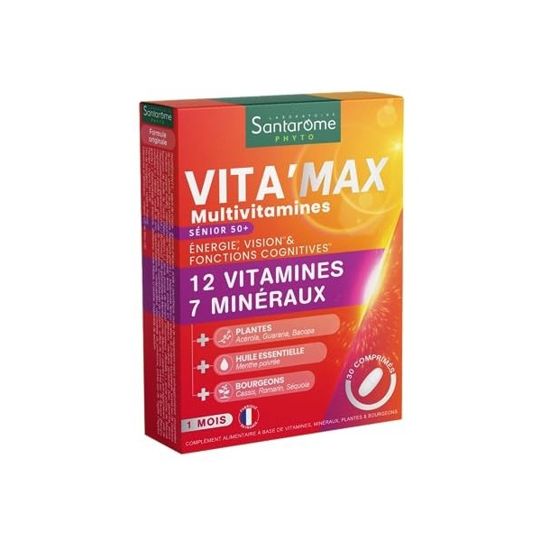 Santarome Phyto - Vitamax Multivitamines Sénior - 12 Vitamines & 7 Minéraux, Acérola - Complément alimentaire Tonus et Vital