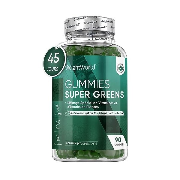 Super Greens, 90 Gummies Vegan - 8 Super Aliments Verts Green Superfood , Moringa, Chlorella Chlorophylle , Herbe d’Orge, É