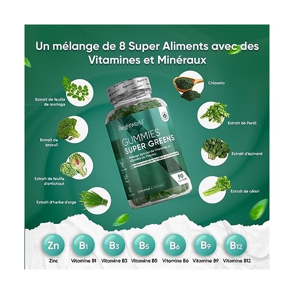 Super Greens, 90 Gummies Vegan - 8 Super Aliments Verts Green Superfood , Moringa, Chlorella Chlorophylle , Herbe d’Orge, É