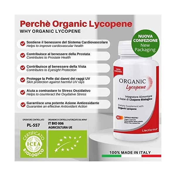 Organic Lycopene - Complément antioxydant au lycopène biologique certifié - Pack de 30 gélules