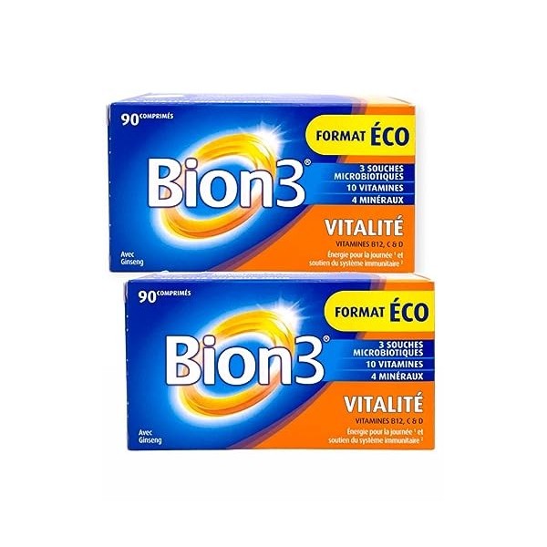 BION 3 Vitalité - 3 souches Microbiotiques, 10 Vitamines et 4 Minéraux - Format Eco 90 comprimés - Lot De 2 Boites