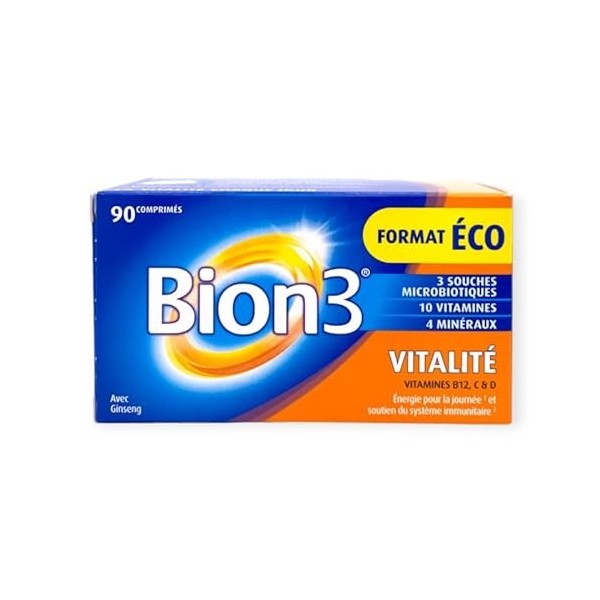 BION 3 Vitalité - 3 souches Microbiotiques, 10 Vitamines et 4 Minéraux - Format Eco 90 comprimés - Lot De 2 Boites