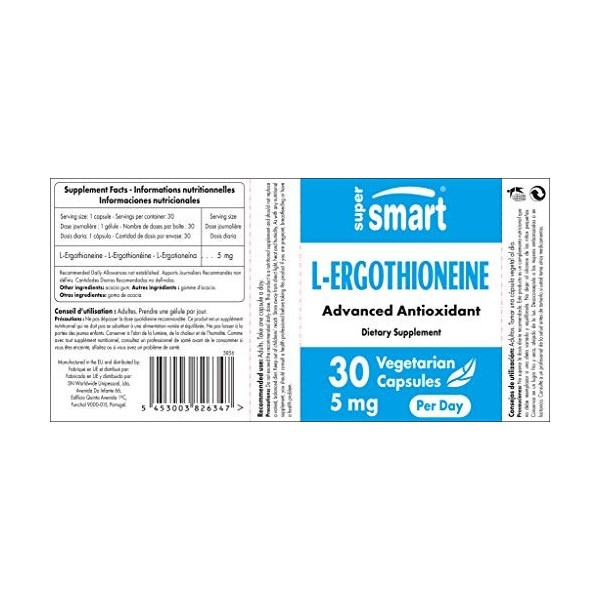 Supersmart - L-ergothioneine 5 Mg - Extrait Naturel de Champignons - Antioxydant Intracellulaire | Sans OGM - 30 Capsules Vég