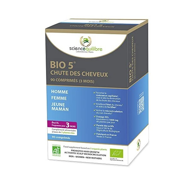 BIO 5 chute des cheveux • Certifié bio • Pour Homme et Femme • Stress, hérédité, ménopause, post-accouchement • Étui XL de 90