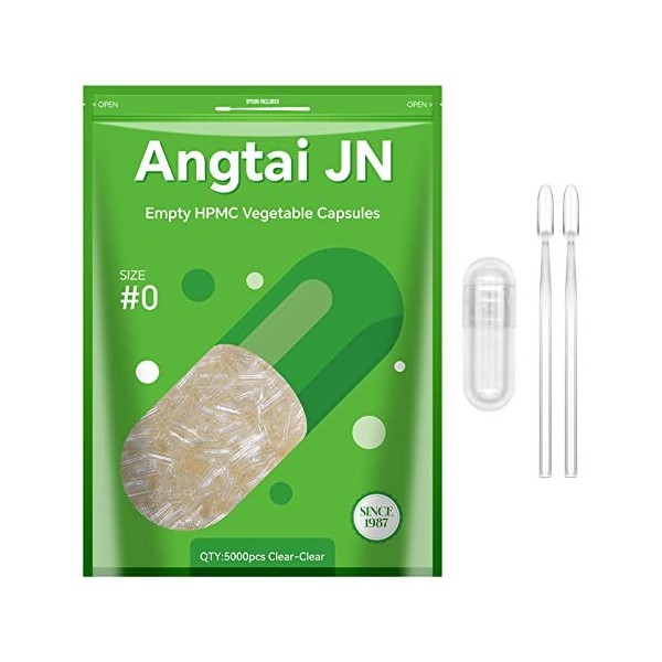Gélules vides végétales Angtai JN Capsules végétales transparentes 5000 unités , capsules vides remplies taille 0,avec cuillè