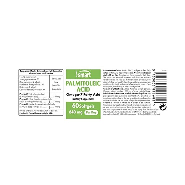 Acide palmitoléique 840 mg par jour - Oméga 7 Breveté Provinal® - Huile de Poisson - Supplément pour la peau - Soutient les