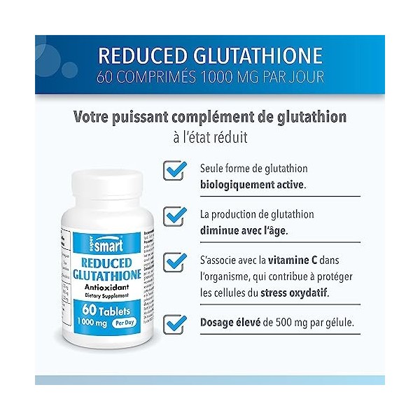 Glutathione Réduit GSH 1000 mg Par Jour - Antioxidant - Tripeptide Formé des Acides Aminés Cystéine, Acide Glutamique et Gl