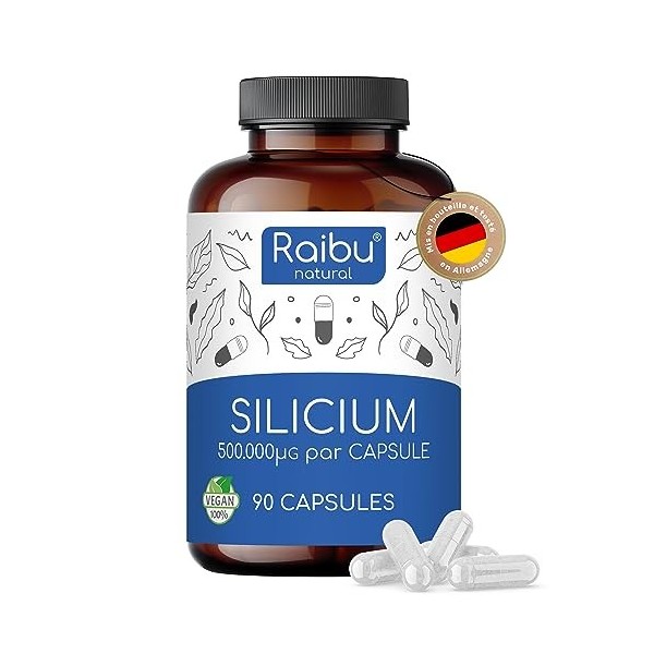 Raibu Capsules de Silice à haute concentration - 90 capsules pour 3 mois - 667 mg - Silice organique à haute concentration ex