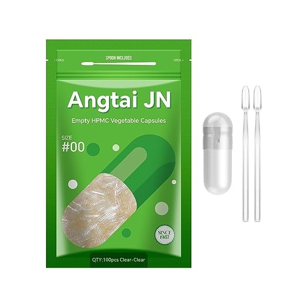 Gélules vides végétales Angtai JN Capsules végétales transparentes 100 unités , capsules vides remplies taille 00,avec cuillè