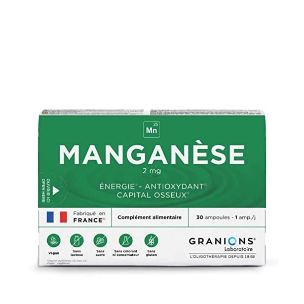 GRANIONS MANGANÈSE 2 mg - 30 ampoules - 30 jours - Énergie - Antioxydant - Capital osseux - 2 mg de Manganèse - Made in Franc