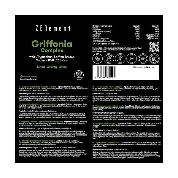 Complexe de Griffonia, Avec du L-Triptophane, Extrait de Safran, Vitamines B6, B12 et Zinc, 120 Gélules | Équilibre émotionne