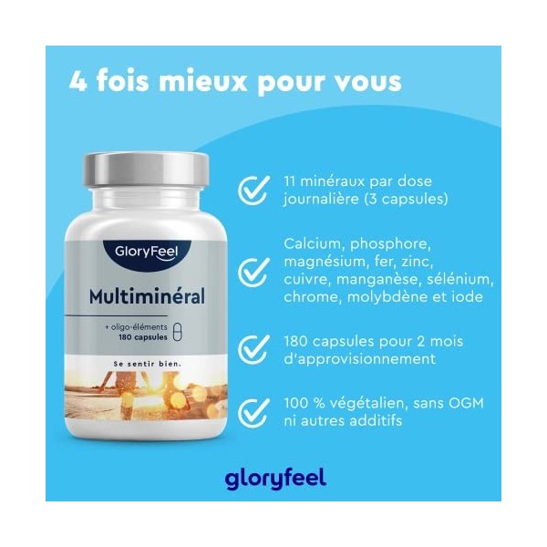 Complexe de Multiminéraux 180 Capsules , 11 Minéraux Purs & Essentiels, Zinc, Calcium, Magnésium, Fer, Sélénium et Plus, Sou