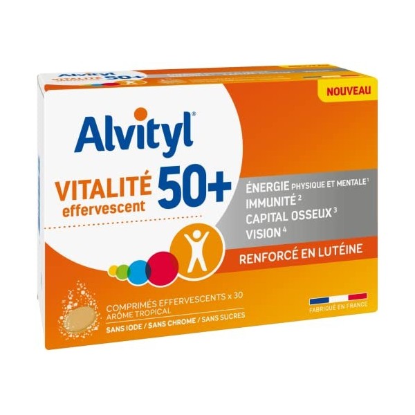 Alvityl - Vitalité 50 + Comprimés effervescents, goût tropical - 12 vitamines, 8 minéraux, 2 plantes et lutéine - Dès 50 ans 