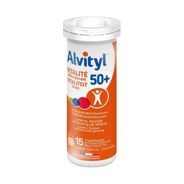 Alvityl - Vitalité 50 + Comprimés effervescents, goût tropical - 12 vitamines, 8 minéraux, 2 plantes et lutéine - Dès 50 ans 