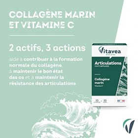 Vitavea - Complément Alimentaire Articulations - Collagène Marin, Vitamine C - Os et Cartilages - 30 comprimés - Cure de 1 mo