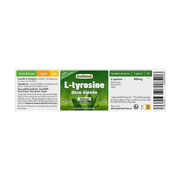 Greenfood L-tyrosine, 450 mg, dose élevée - acide aminé important. Fabriqué par fermentation. SANS additifs artificiels. Sans