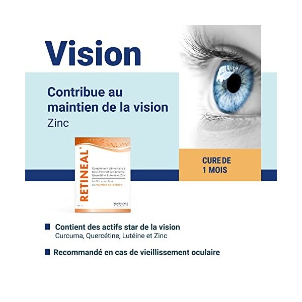 Densmore - Rétineal - Complément Alimentaire Vision - Participe au Maintien dune Vision Normale - Zinc, Curcuma, Quercétine,