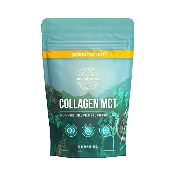 Primal Harvest Collagen MCT poudre - 30 portions - alimentation durable à lherbe & poudre dhuile de noix de coco - hydrolys