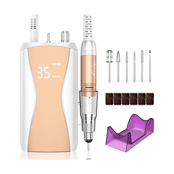 Kredioo Ponceuse à Ongles Professionnelle Electrique 35000RPM Puissante Silencieuse Rechargeable avec 6 Embouts et Affichage 