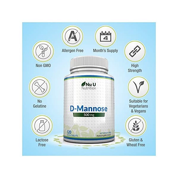 D-Mannose 500mg - 120 Comprimés Végétaliens - 4 Mois - Forte Puissance - Sans Allergènes - Pas de Gélules ni de Poudre de D M