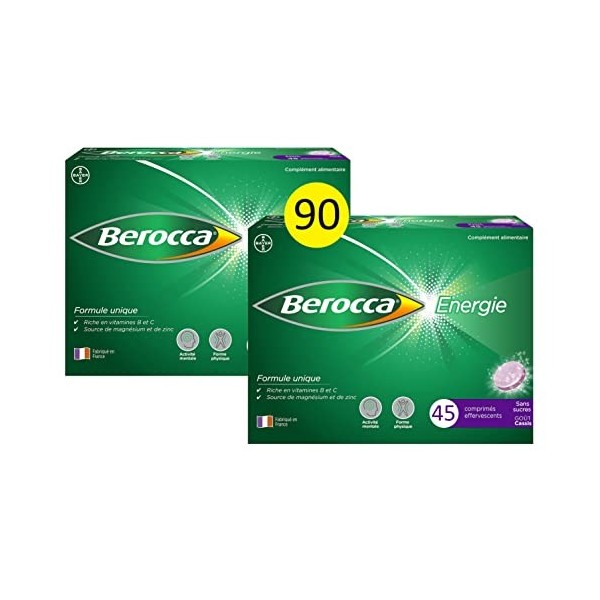 Berocca Energie Comprimés Effervescents, Vitamine C, B3, B5, B1, B12, Magnésium, Zinc, goût Cassis, 2 Pack de 45 comprimés - 