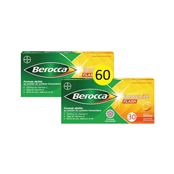 Berocca Immunité Flash Comprimés Effervescents, Vitamine C, B6, B9, B12, D, Zinc, Sélénium, Goût Orange, 2 Pack de 30 comprim