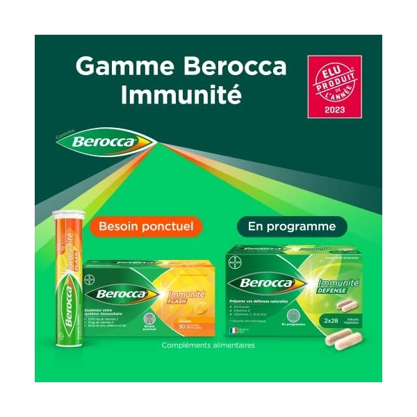 Berocca Immunité Flash Comprimés Effervescents, Vitamine C, B6, B9, B12, D, Zinc, Sélénium, Goût Orange, 2 Pack de 30 comprim