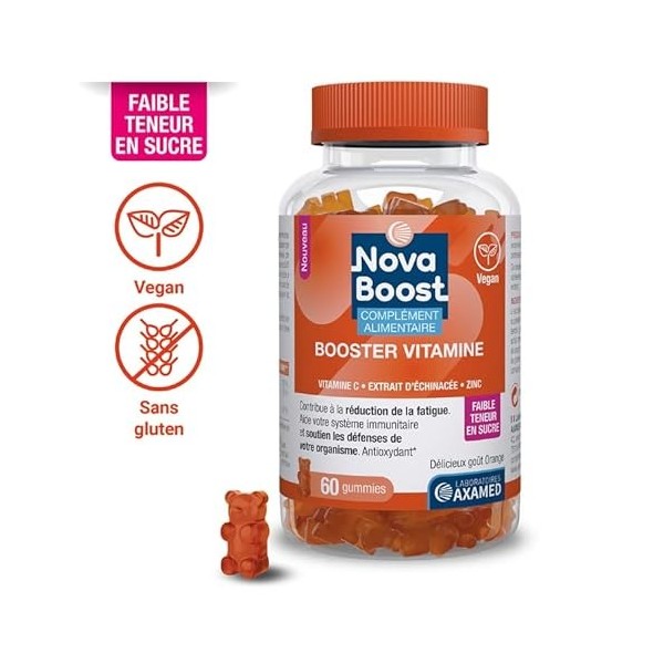 Novaboost - Complément Alimentaire - Gummies Booster Vitamine - Saveur Orange Faible Teneur en Sucre - Vegan & Sans Gluten - 