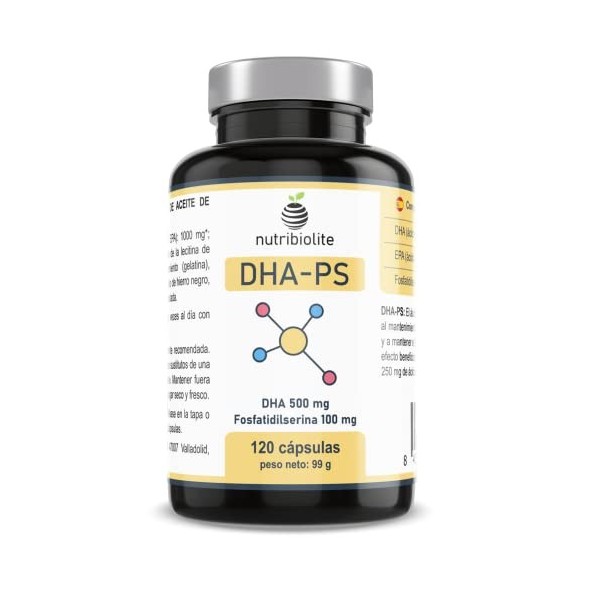 DHA 500 mg + Phosphatidylsérine 100 mg - Santé du cerveau et des yeux - Absorption élevée -120 mini perles de gélule - Sans s