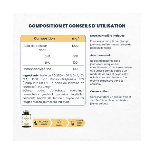 DHA 500 mg + Phosphatidylsérine 100 mg - Santé du cerveau et des yeux - Absorption élevée -120 mini perles de gélule - Sans s