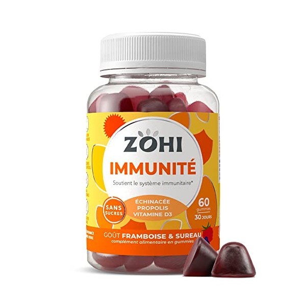 ZOHI- Complément Alimentaire Immunite-Gummies Immunite-60 gommes de fruits goût Framboise Sureau Sans Sucres - Vitamines B6, 