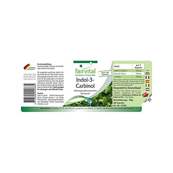 Fairvital | Indole-3-Carbinol - VEGAN - I3C + Poudre de brocoli - Fortement dosé - 180 gélules 60 x 3 - Qualité allemande