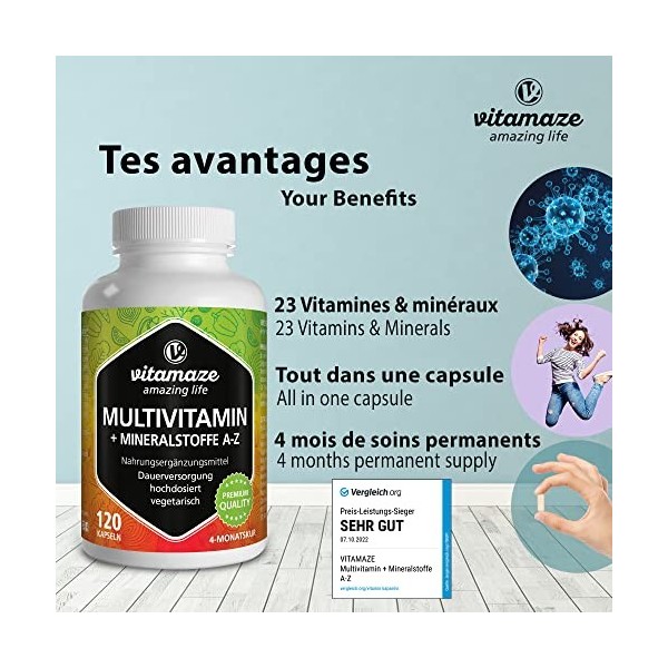 Multivitamines et Minéraux 23 Vitamines A-Z & Minéraux - Substances Minérales et Oligo-Éléments Précieux - 120 Gélules Végéta