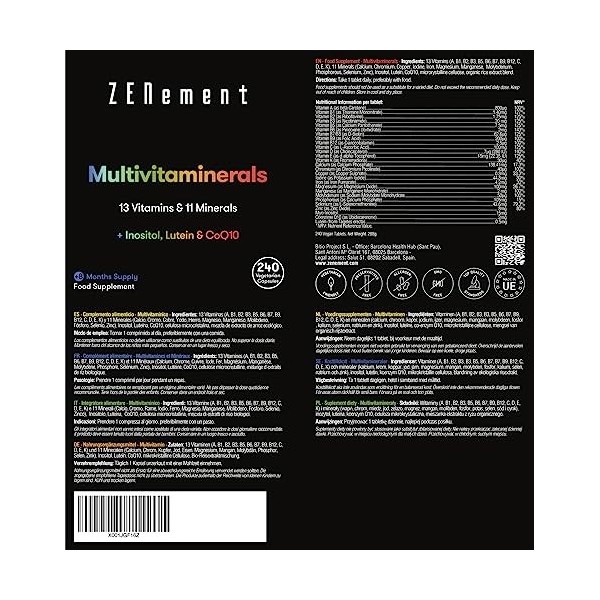 Multivitamines et Minéraux, Avec toutes les Vitamines et Minéraux + Inositol, Coenzyme Q10 et Lutéine, 240 Comprimés | 27 Oli