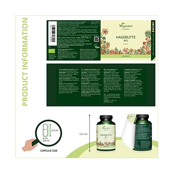 Églantier BIO Vegavero® | Poudre de Cynorrhodon Bio | Riche en Vitamine C Naturelle + Lutéine | 1400 mg par dose | 180 Gélule