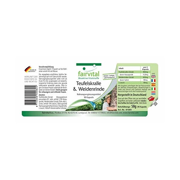 Fairvital | griffe du diable et lécorce de saule VEGAN - 90 capsules - 1,2% et 15% de salicine harpagosides