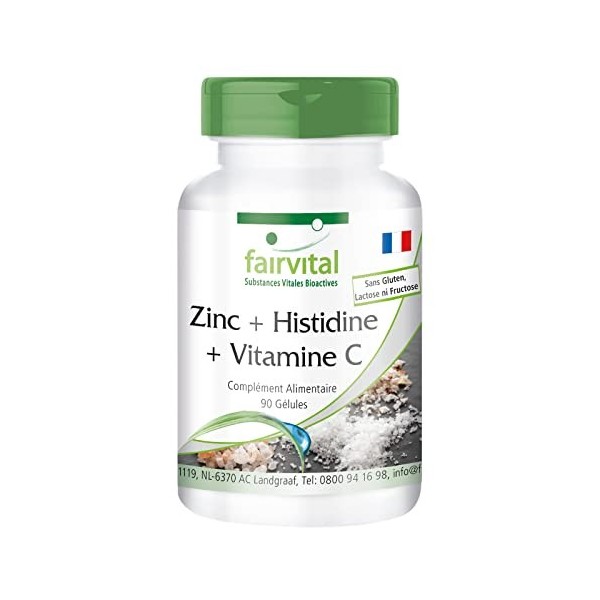 Fairvital | Zinc + Histidine + Vitamine C - pendant 3 mois - avec 300mg de Vitamine C, 10mg de Zinc & 100mg de Histidine par 