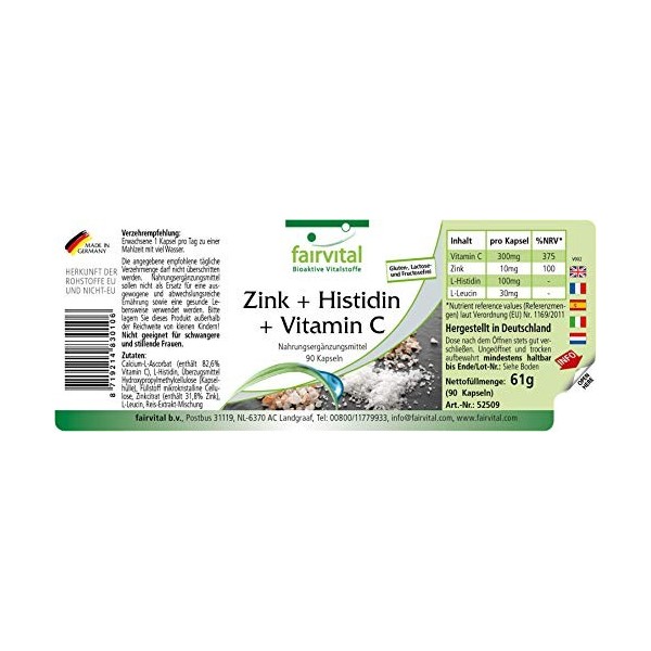 Fairvital | Zinc + Histidine + Vitamine C - pendant 3 mois - avec 300mg de Vitamine C, 10mg de Zinc & 100mg de Histidine par 