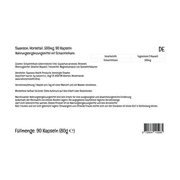 Swanson, Horsetail Prêle , 500mg, 90 Capsules, Hautement Dosé, Testé en Laboratoire, Sans Soja, Sans Gluten, Sans OGM