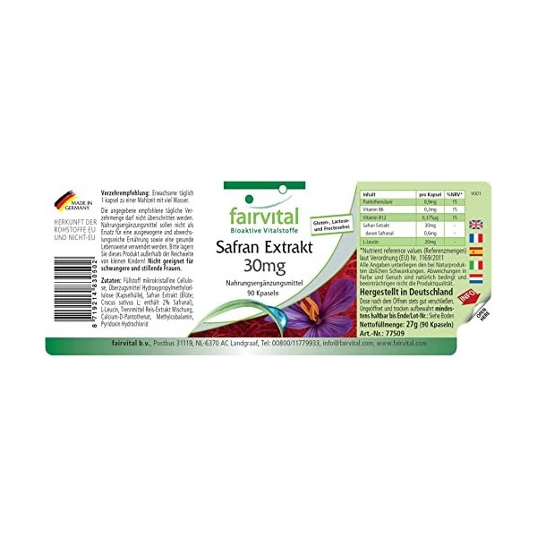 Fairvital | Extrait de Safran 30mg - 90 capsules avec acide pantothénique, vitamine B6 et vitamine B12 - cure de 3 mois - Vég