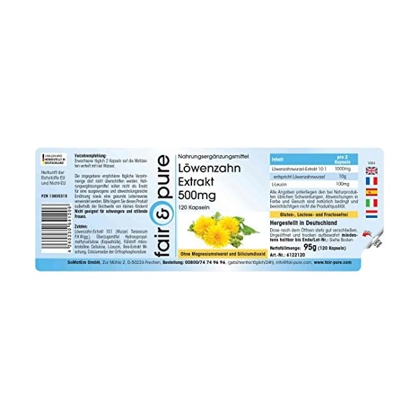 Fair & Pure® - Extrait de pissenlit 500 mg de racine de pissenlit - végan - 10 fois concentré - 120 gélules
