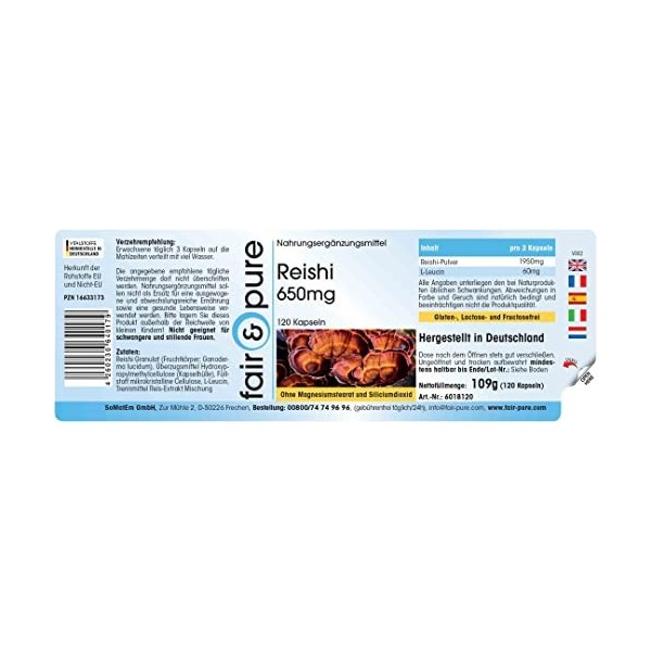 Fair & Pure® - Reishi 650mg - champignon vitale - avec polysaccharides, bêta-glucanes et triterpènes - végan - 120 Gélules