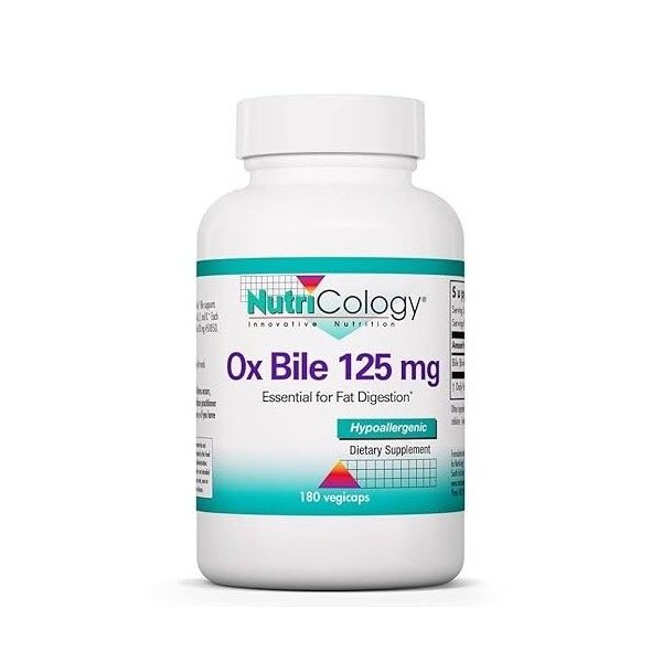 Nutricology, Ox Bile Bile de Bœuf , 125mg, 180 Capsules, Testé en Laboratoire, Sans Gluten, Sans Soja, Sans OGM