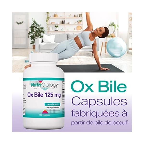 Nutricology, Ox Bile Bile de Bœuf , 125mg, 180 Capsules, Testé en Laboratoire, Sans Gluten, Sans Soja, Sans OGM